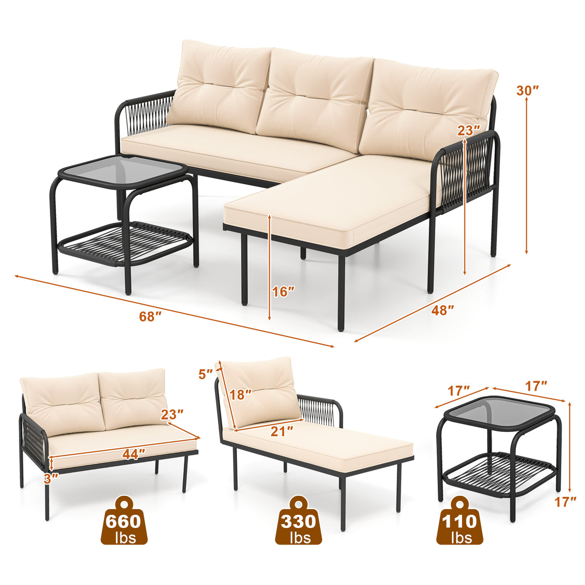 3-Piece L-Shaped Patio Furniture Set, PE Rattan Sectional Sofas, Beige Patio Conversation Sets at Gallery Canada