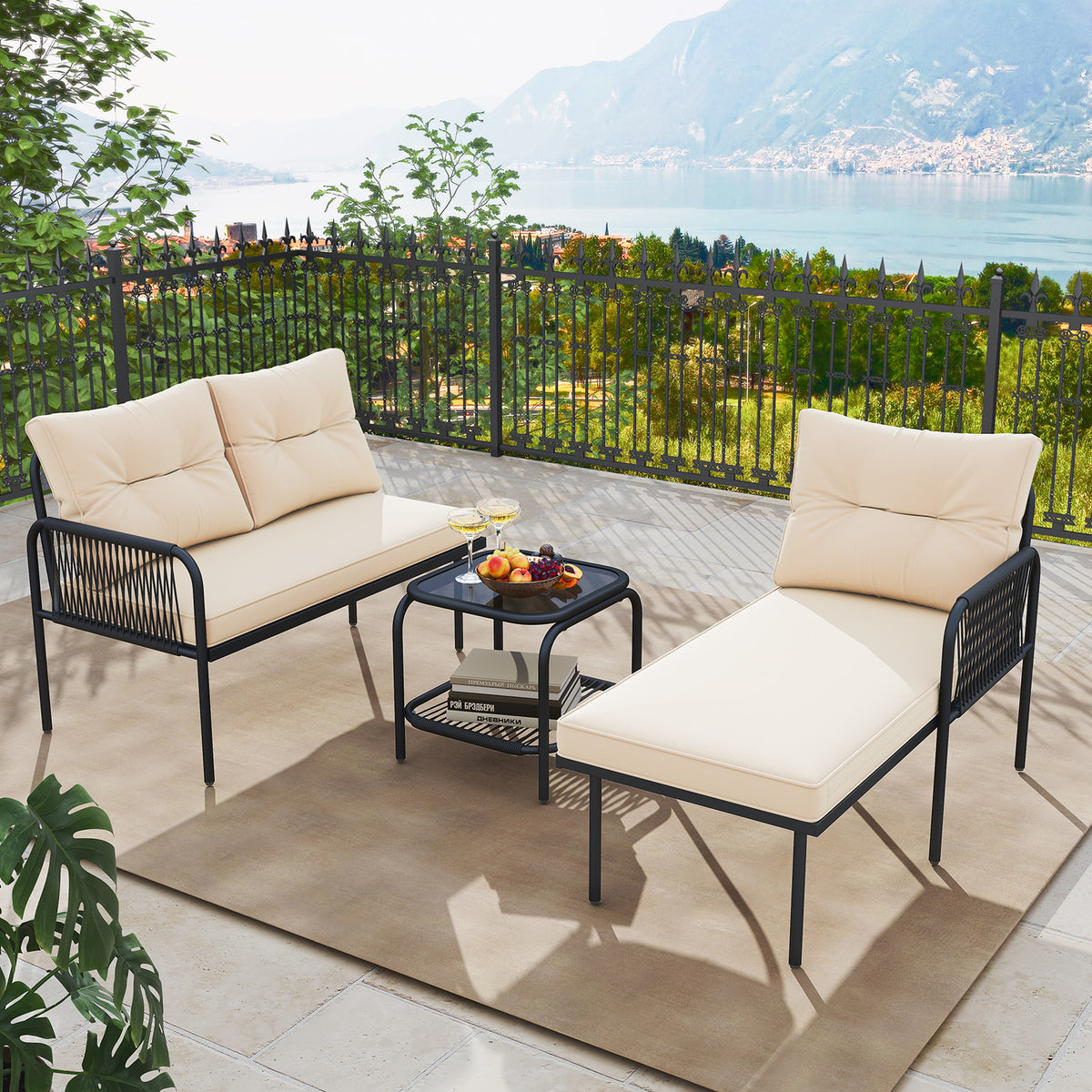 3-Piece L-Shaped Patio Furniture Set, PE Rattan Sectional Sofas, Beige Patio Conversation Sets at Gallery Canada