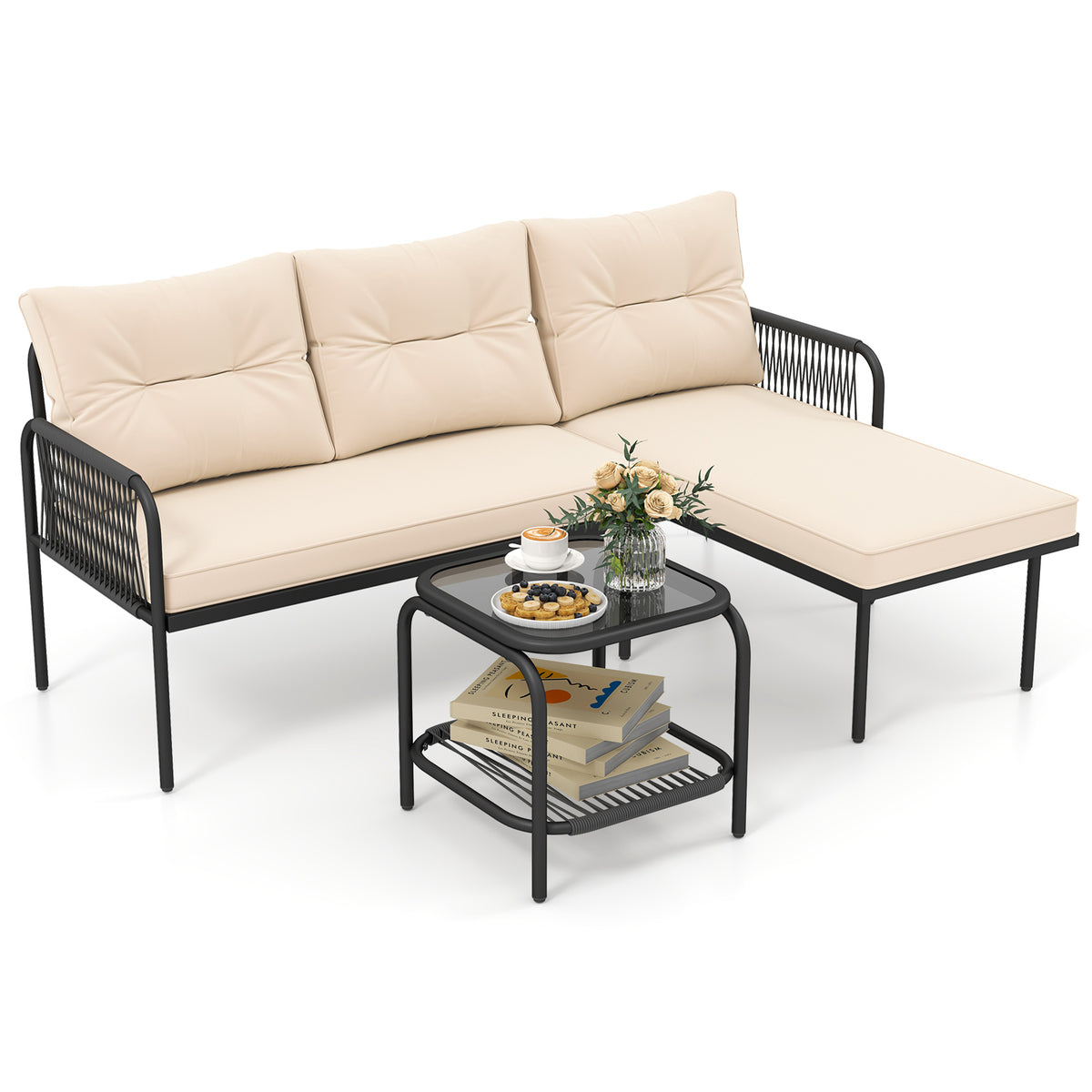 3-Piece L-Shaped Patio Furniture Set, PE Rattan Sectional Sofas, Beige Patio Conversation Sets Beige at Gallery Canada