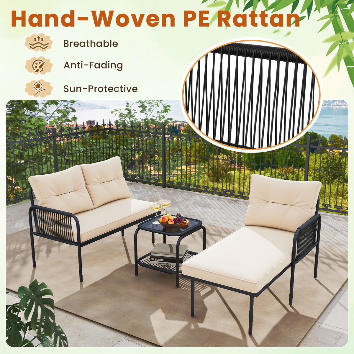 3-Piece L-Shaped Patio Furniture Set, PE Rattan Sectional Sofas, Beige Patio Conversation Sets at Gallery Canada