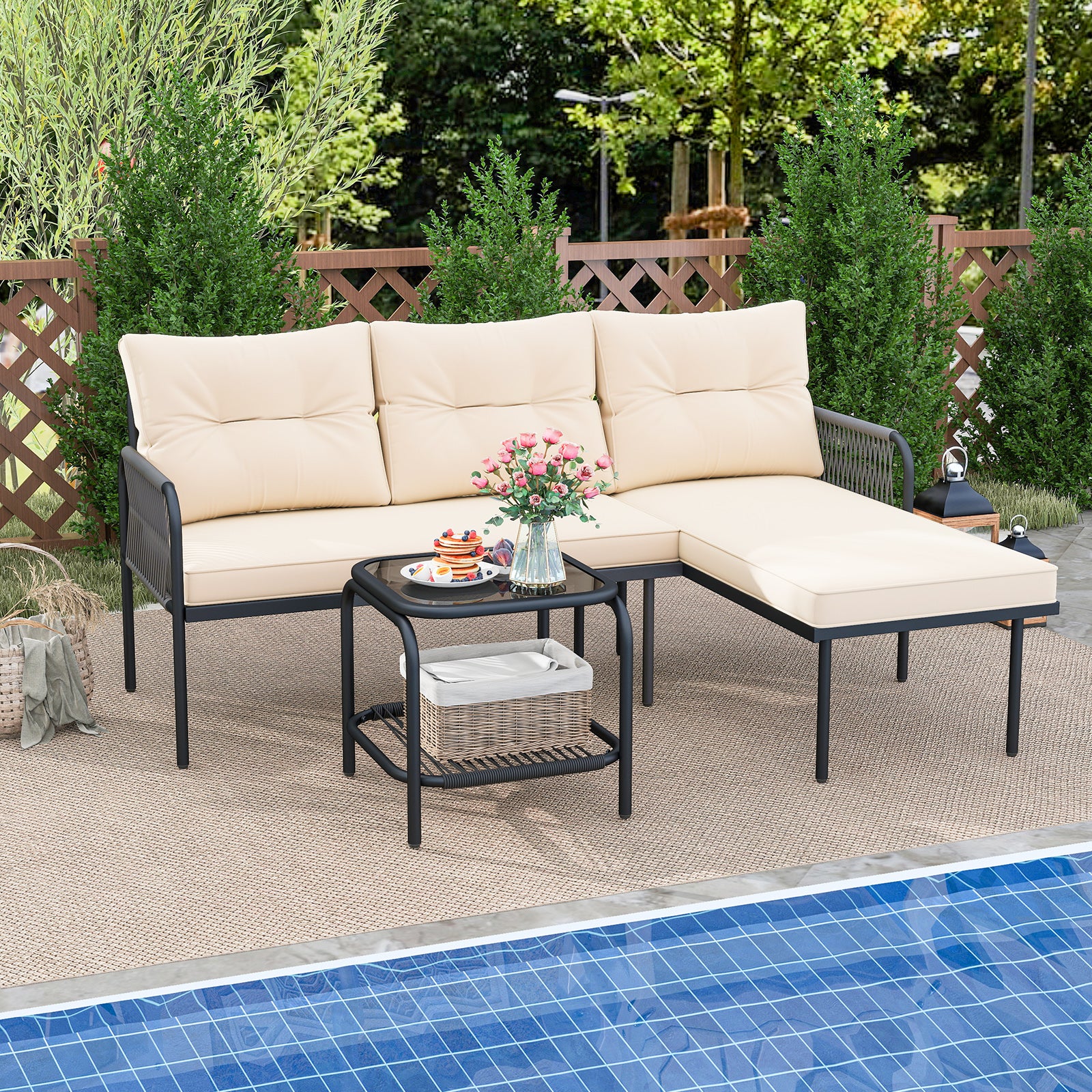 3-Piece L-Shaped Patio Furniture Set, PE Rattan Sectional Sofas, Beige Patio Conversation Sets at Gallery Canada