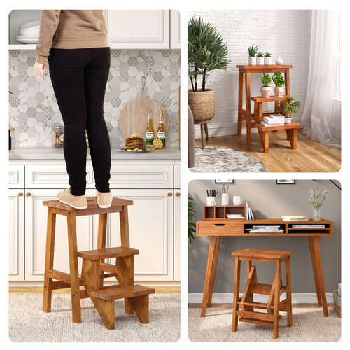 3-In-1 Rubber Wood Step Stool With Handle, Coffee