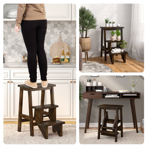3-In-1 Rubber Wood Step Stool, Brown