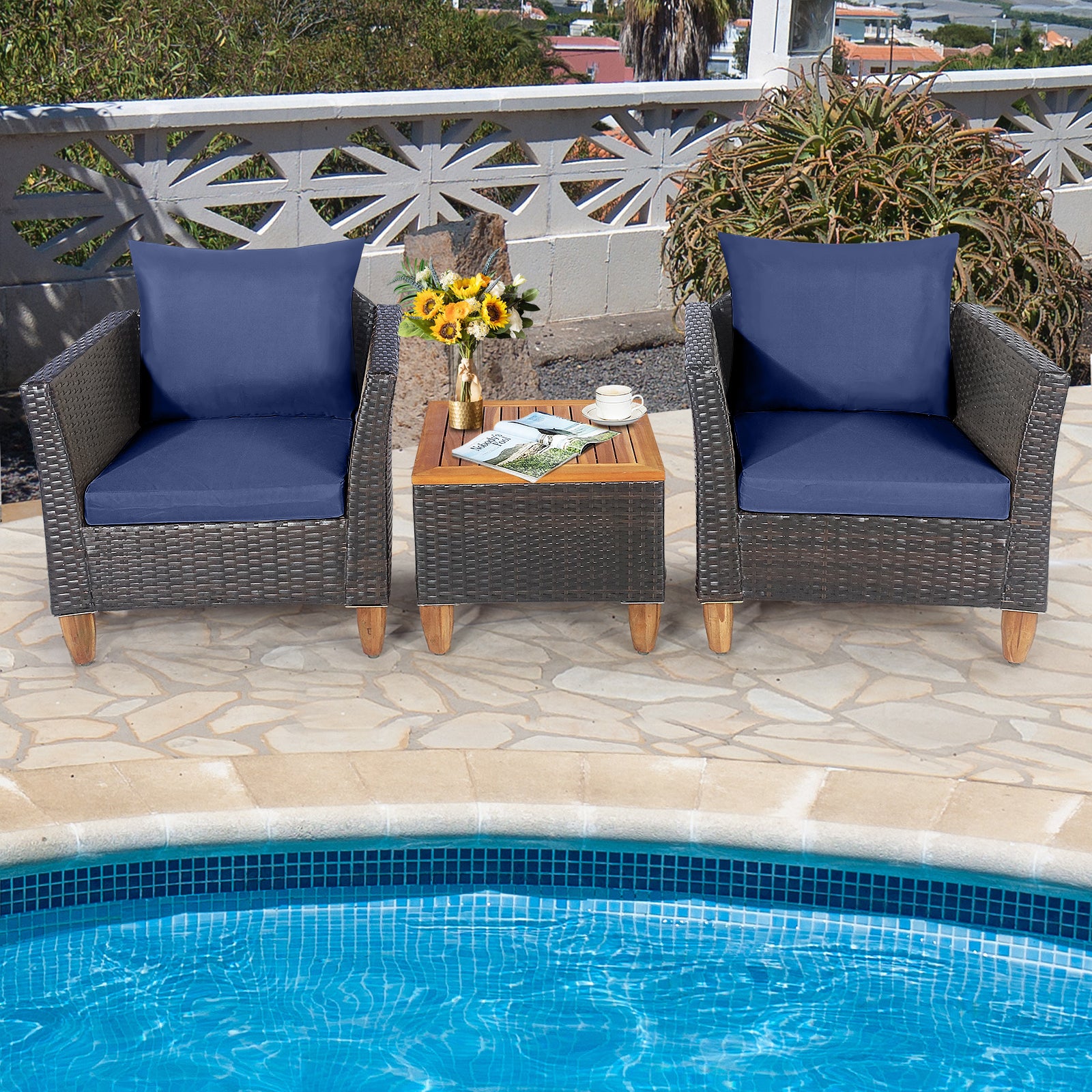 3 Piece Patio Rattan Bistro Set, Navy Patio Conversation Sets at Gallery Canada