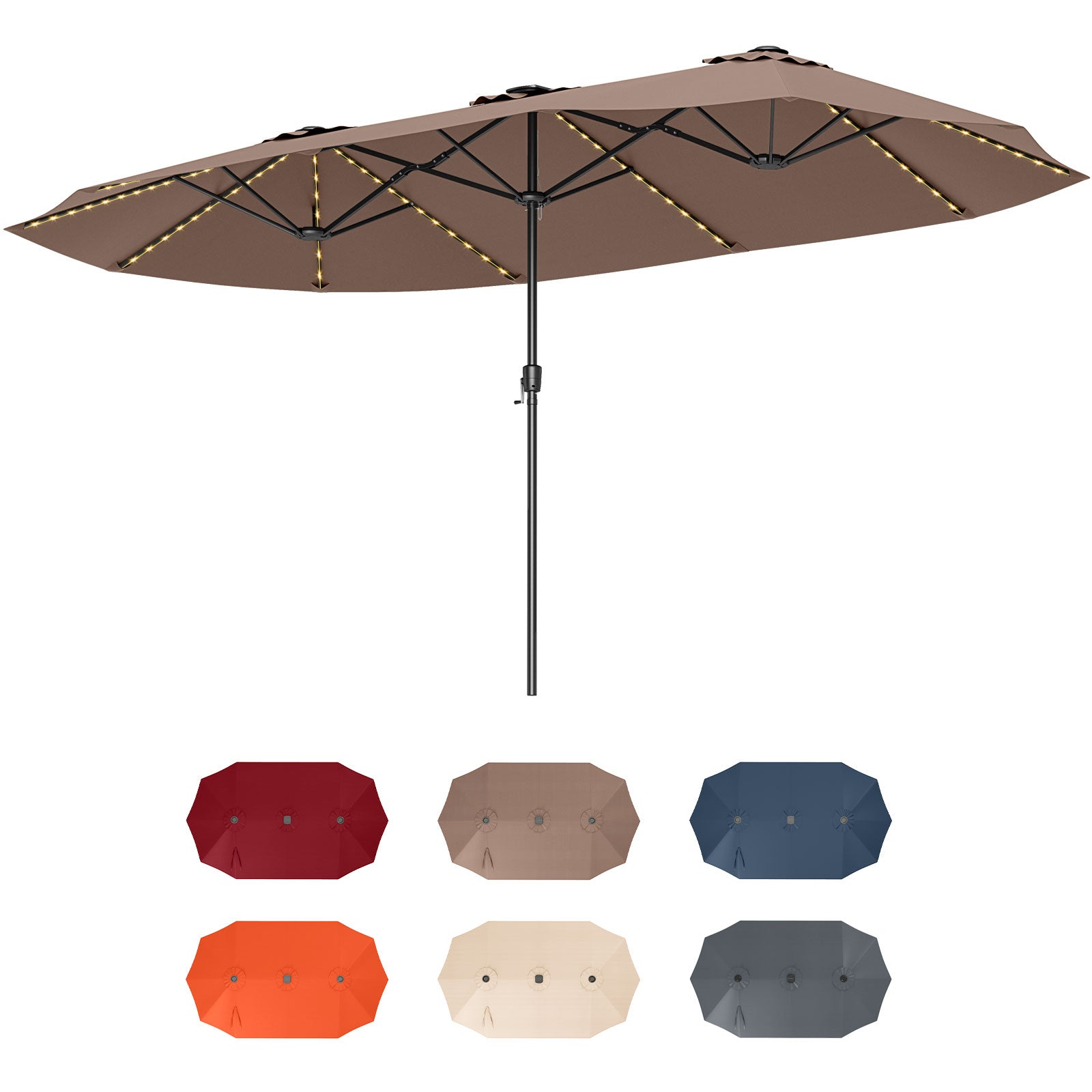15.5 FT Extra-Large Patio Umbrella, LED Solar Lights, Crank Handle, Brown Outdoor Umbrellas Brown at Gallery Canada