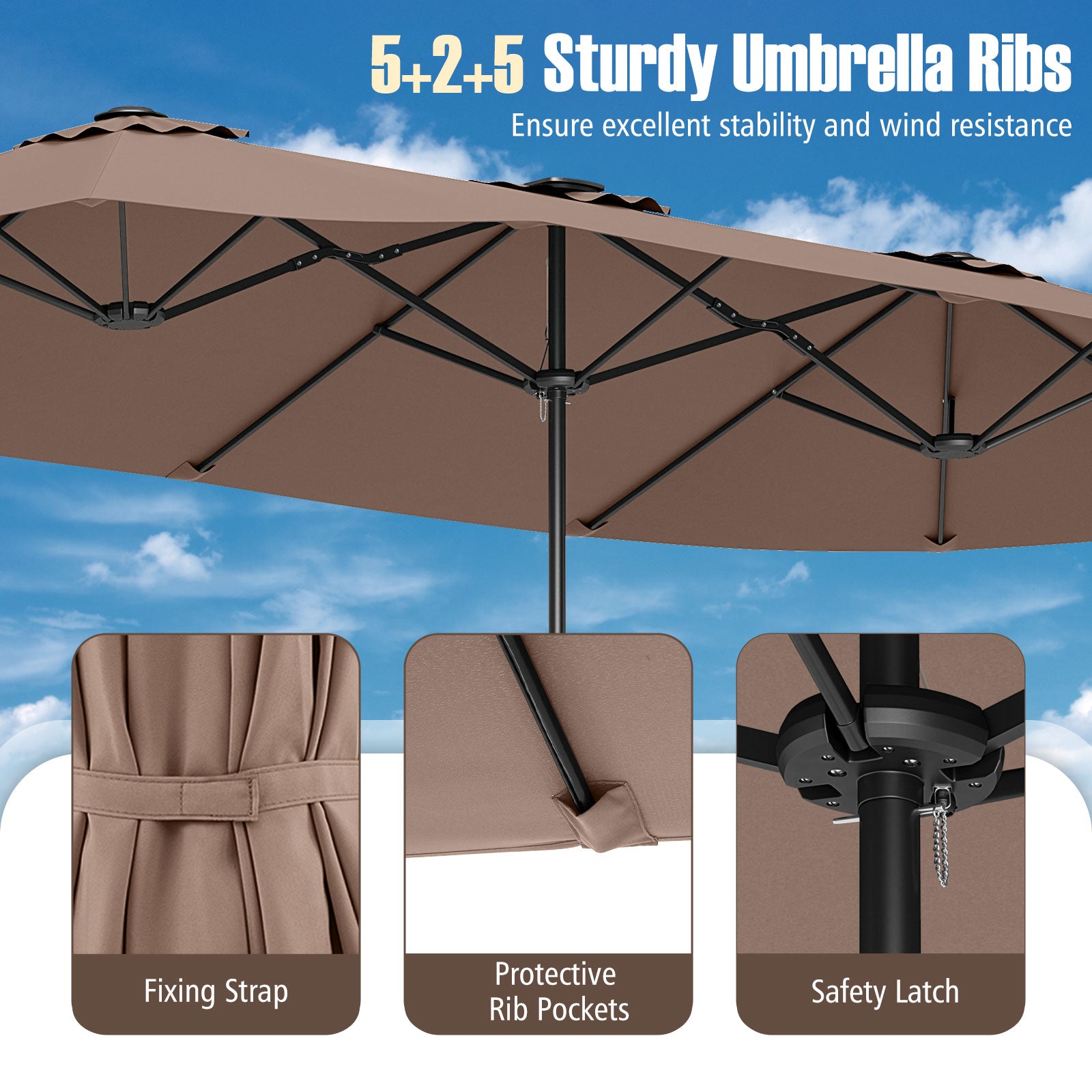 15.5 FT Extra-Large Patio Umbrella, LED Solar Lights, Crank Handle, Brown Outdoor Umbrellas at Gallery Canada