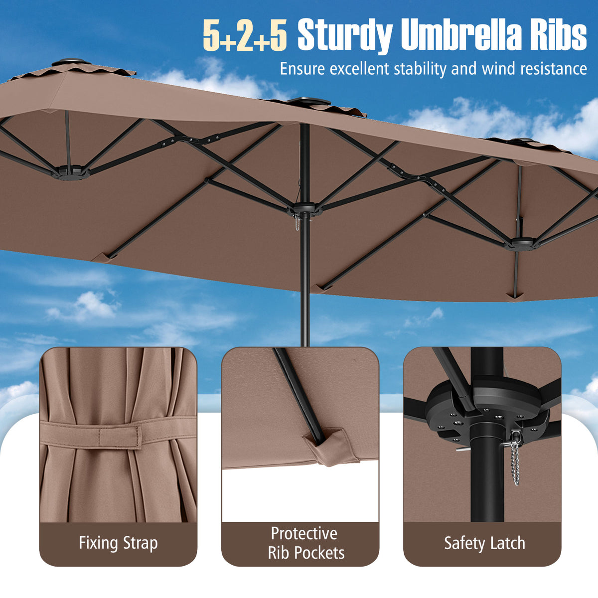 15.5 FT Extra-Large Patio Umbrella, LED Solar Lights, Crank Handle, Brown Outdoor Umbrellas at Gallery Canada