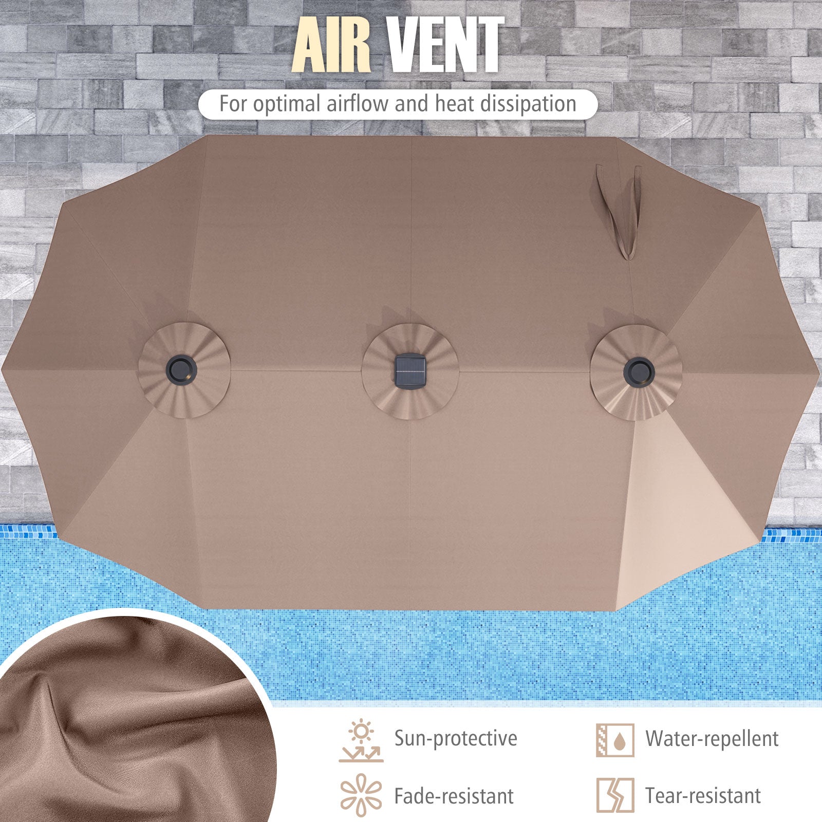 15.5 FT Extra-Large Patio Umbrella, LED Solar Lights, Crank Handle, Brown Outdoor Umbrellas at Gallery Canada