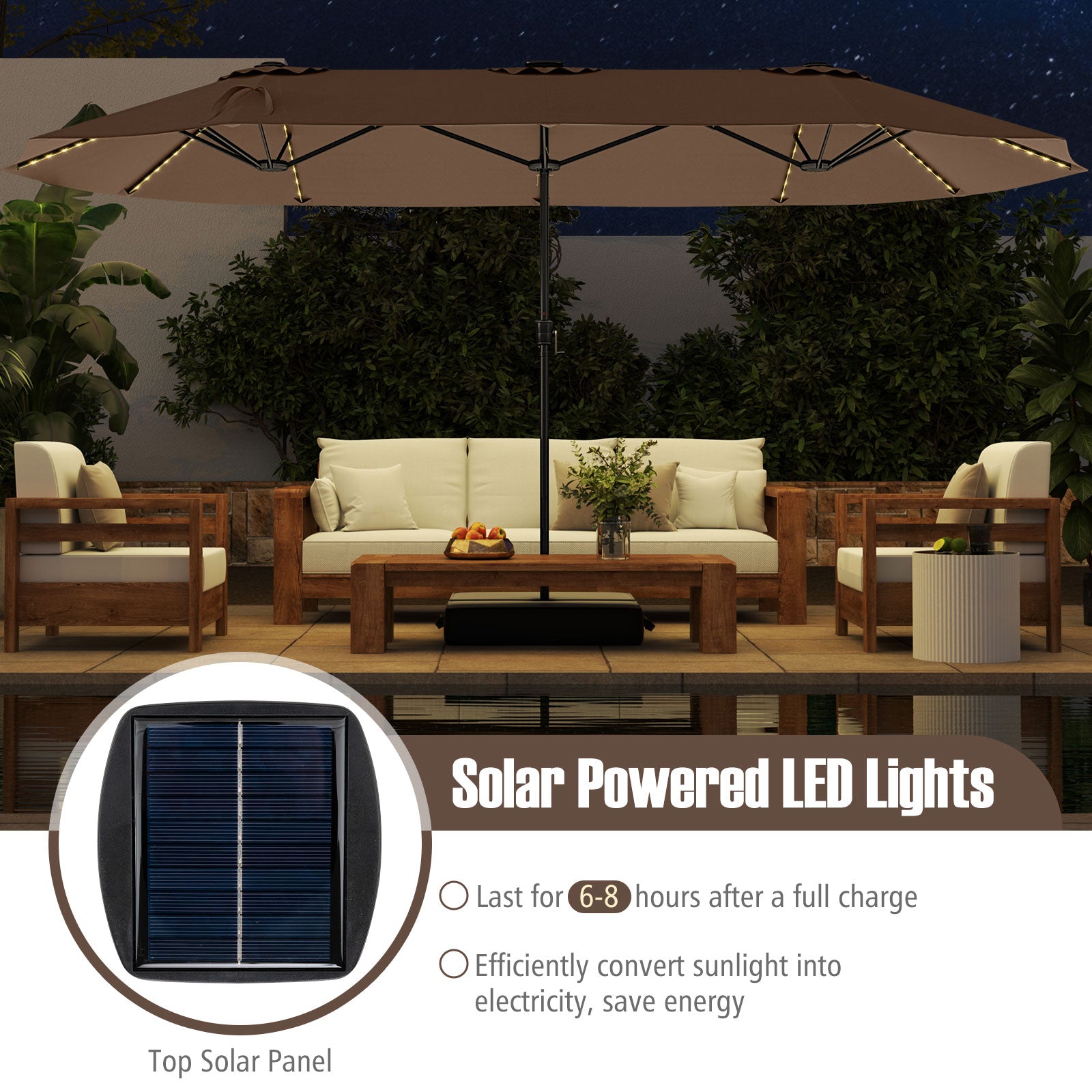 15.5 FT Extra-Large Patio Umbrella, LED Solar Lights, Crank Handle, Brown Outdoor Umbrellas at Gallery Canada