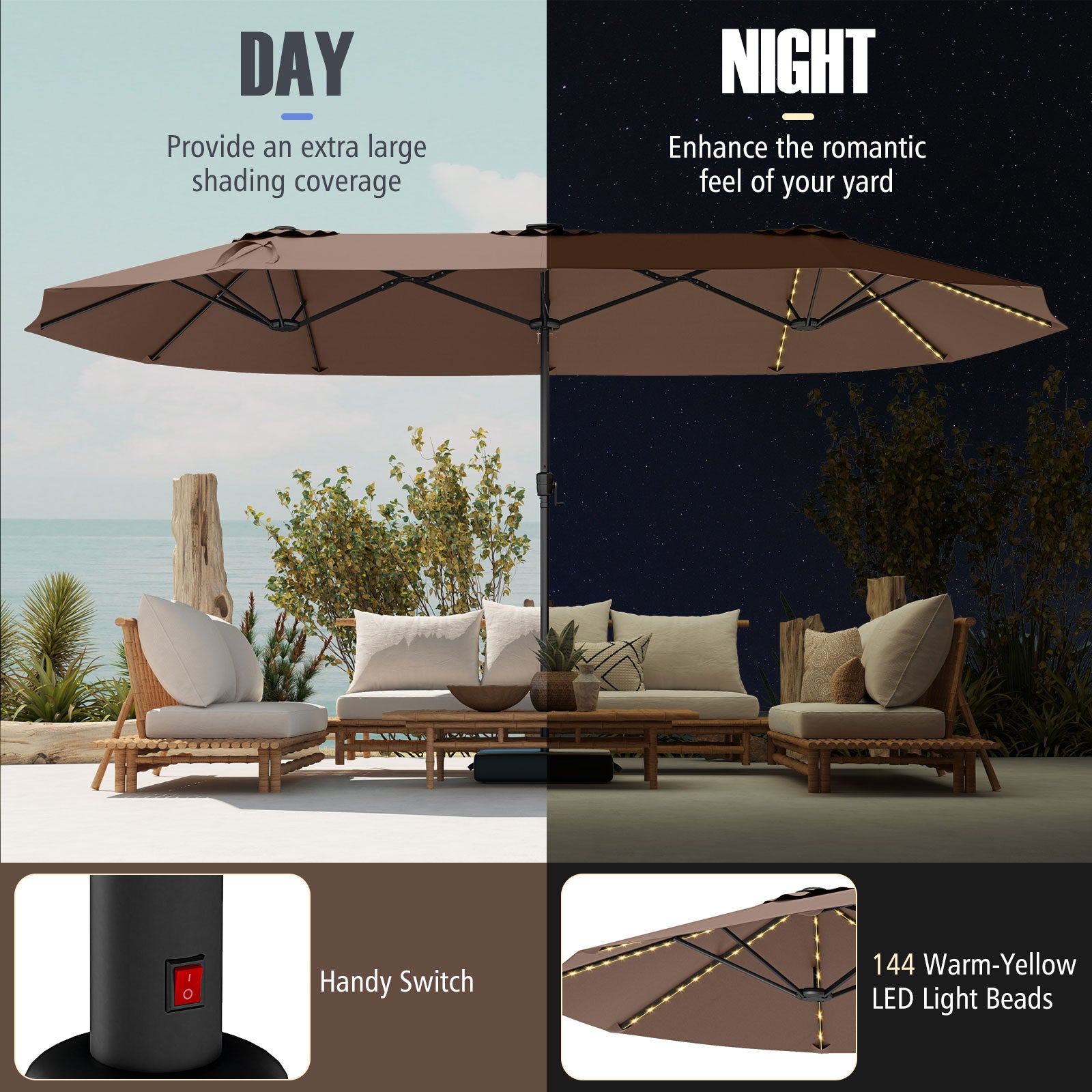 15.5 FT Extra-Large Patio Umbrella, LED Solar Lights, Crank Handle, Brown Outdoor Umbrellas at Gallery Canada