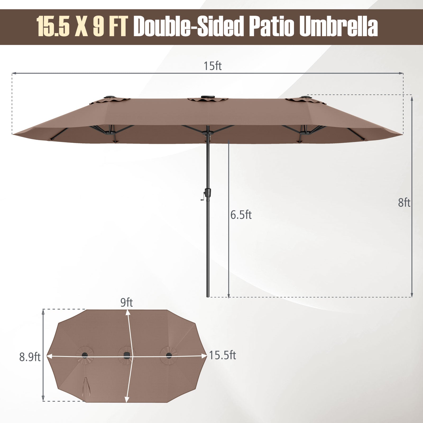 15.5 FT Extra-Large Patio Umbrella, LED Solar Lights, Crank Handle, Brown Outdoor Umbrellas at Gallery Canada