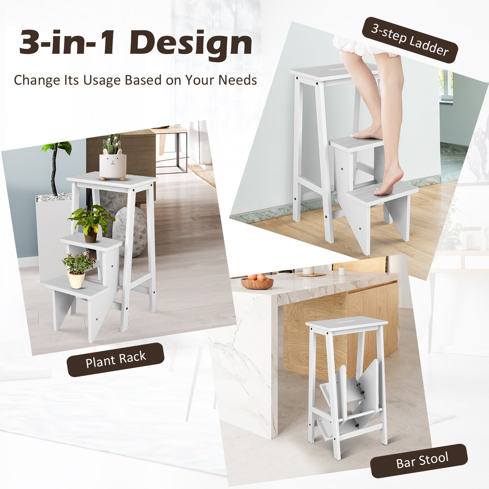 3-Tier Step Stool, Folding Ladder Bench, White Kitchen Utensils at Gallery Canada