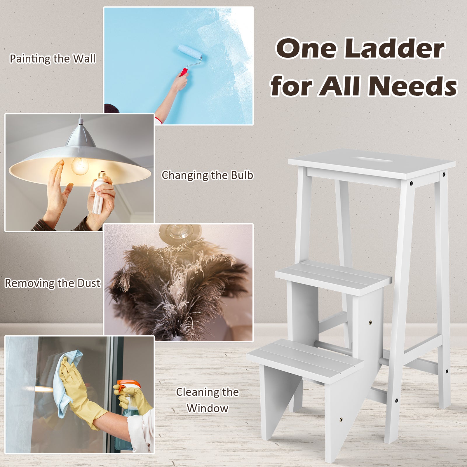 3-Tier Step Stool, Folding Ladder Bench, White Kitchen Utensils at Gallery Canada