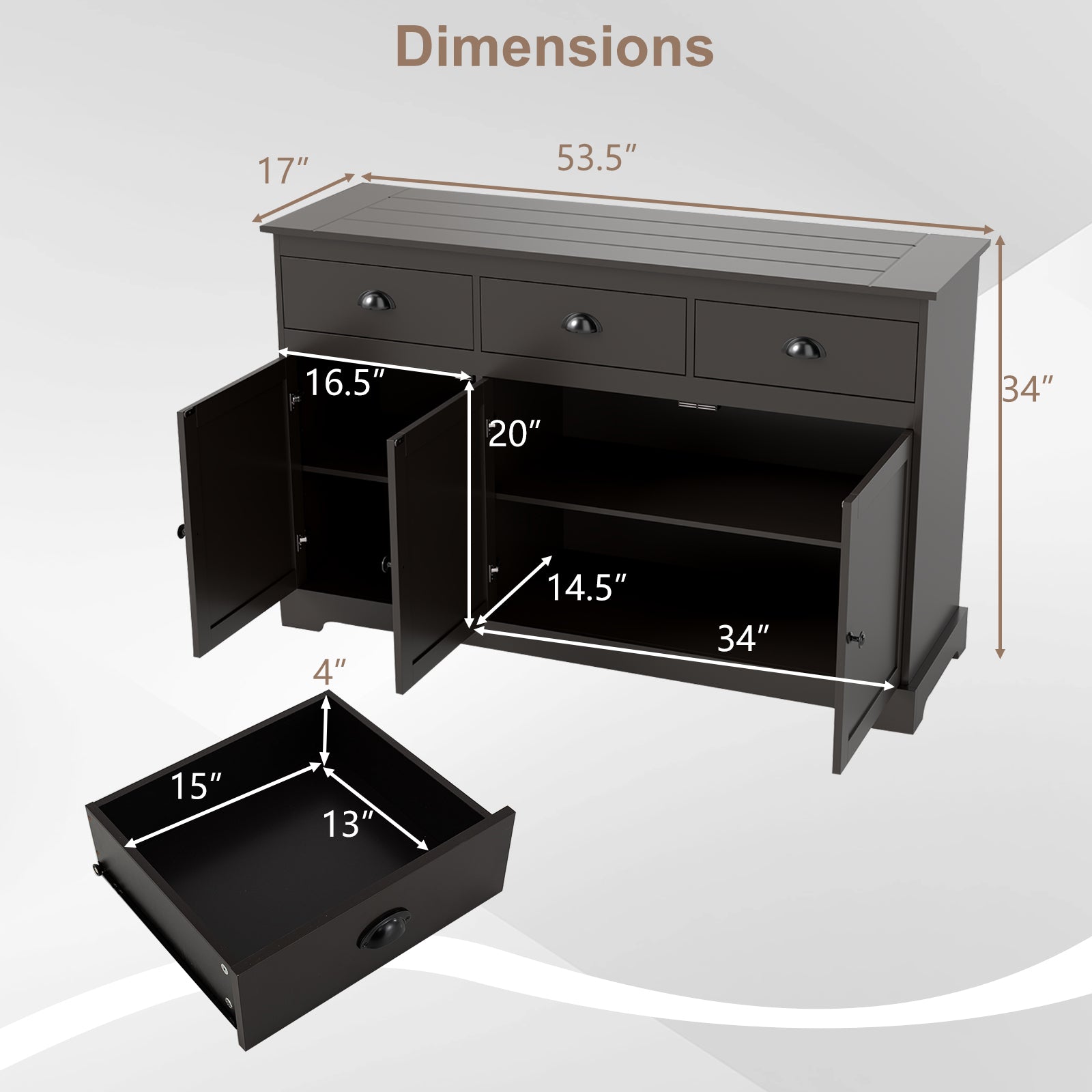 3 Drawer Sideboard Buffet, Adjustable Shelves, Brown Sideboards Cabinets & Buffets at Gallery Canada