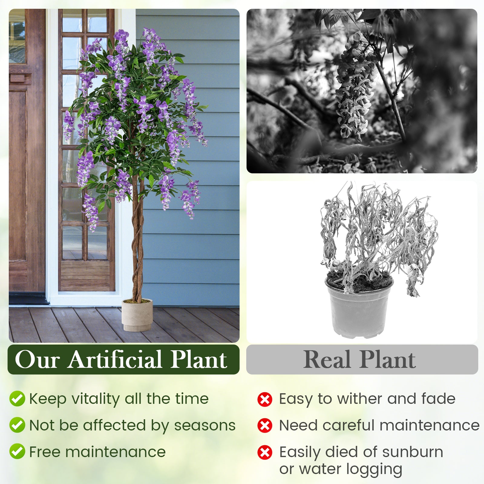 5.5 FT Faux Wisteria Plant, Blooming Flowers, Nursery Pot, Purple Faux Plants at Gallery Canada