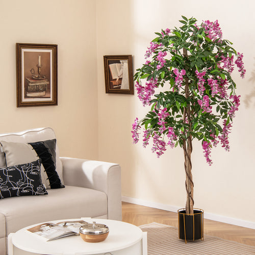 5.5 FT Faux Wisteria Plant, Nursery Pot, Blooming Flowers, Rose Red
