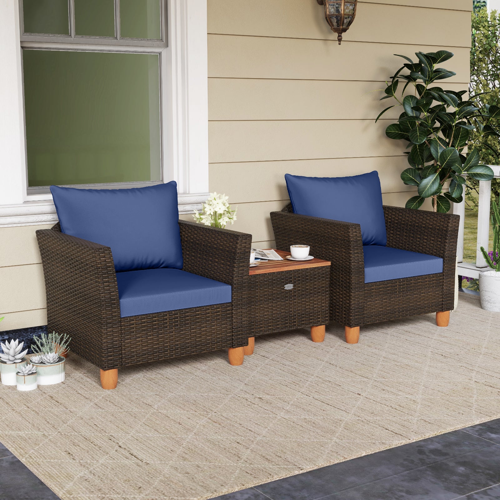 3-Piece Patio PE Wicker Set With Cushions, Acacia Wood Coffee Table, Navy Patio Conversation Sets at Gallery Canada