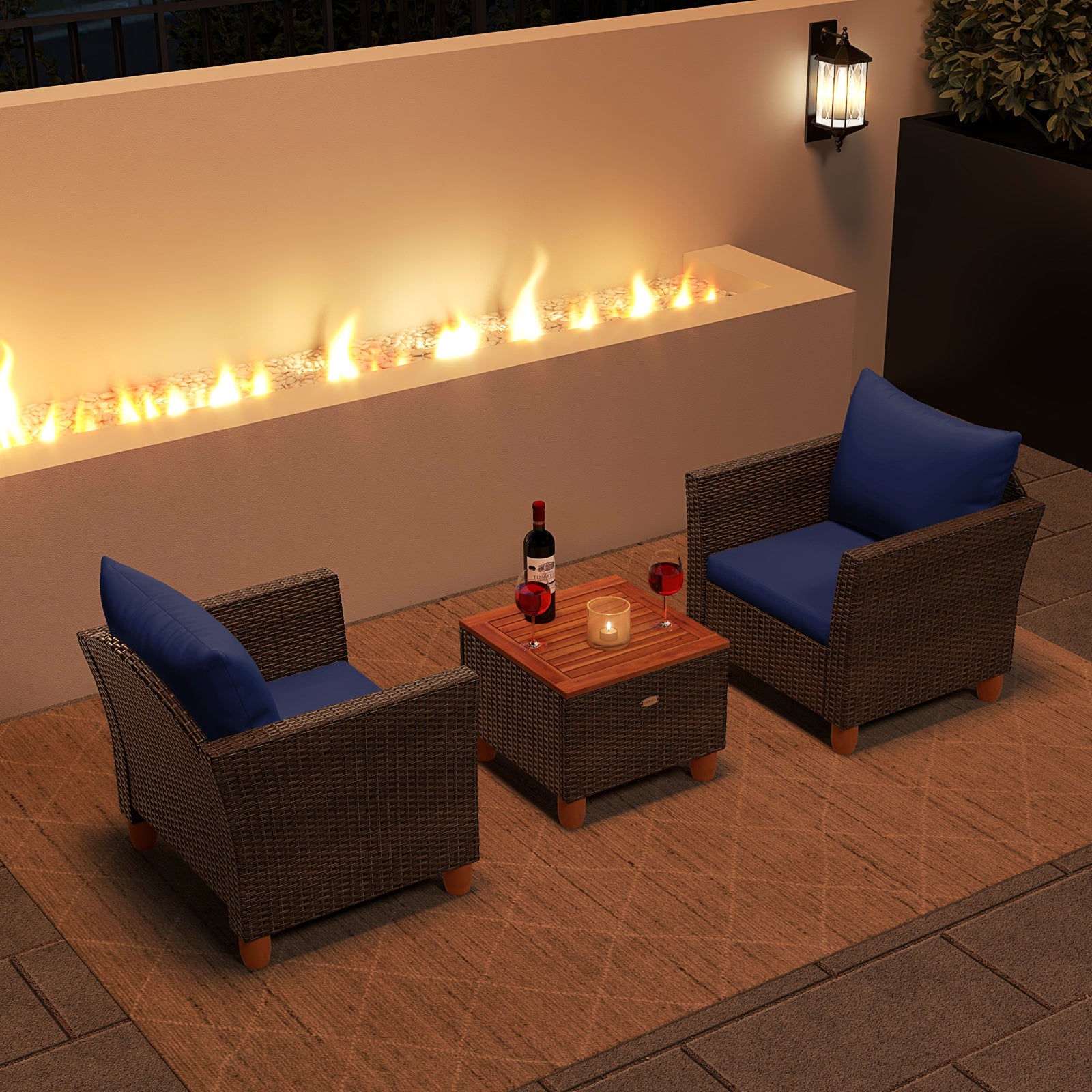 3-Piece Patio PE Wicker Set With Cushions, Acacia Wood Coffee Table, Navy Patio Conversation Sets at Gallery Canada