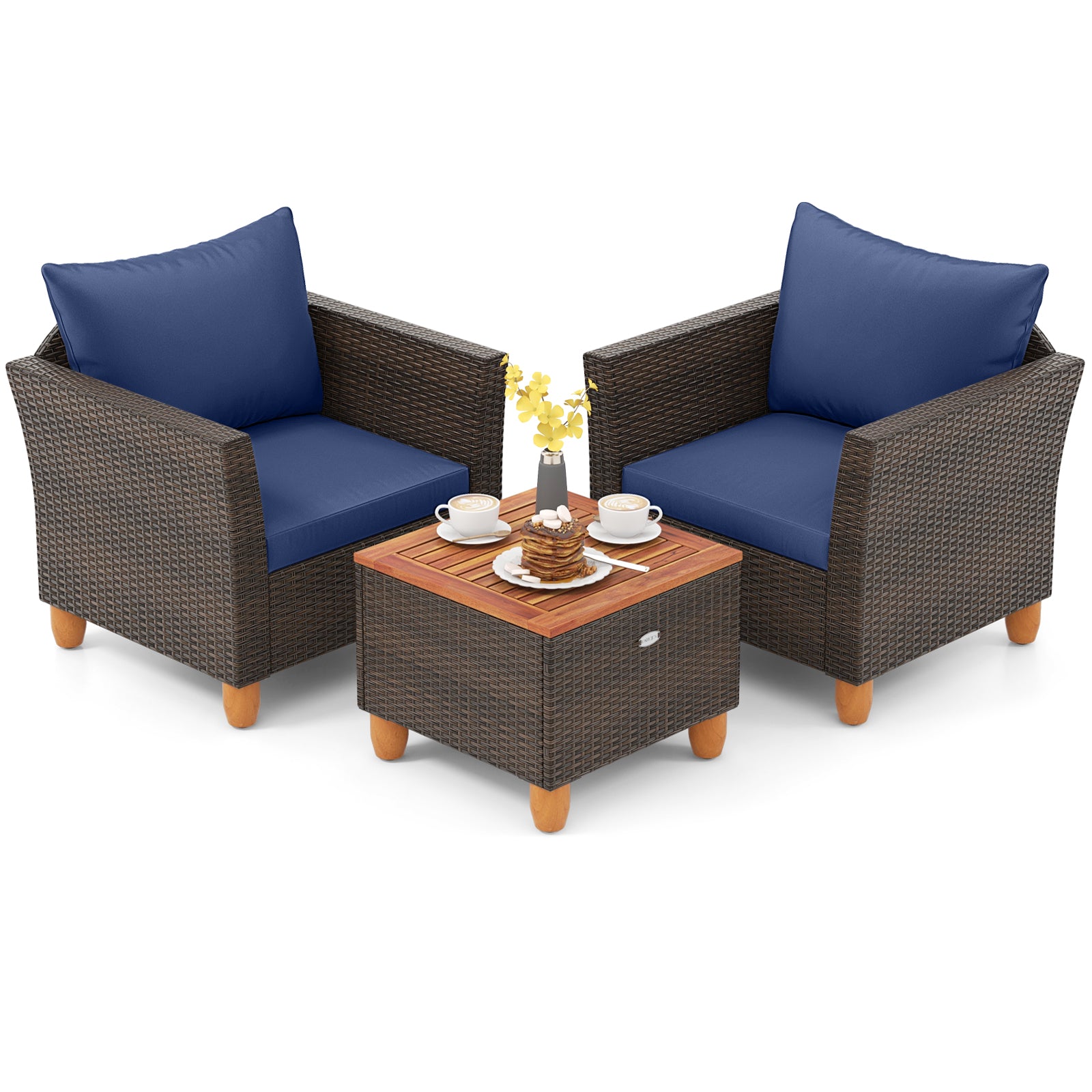 3-Piece Patio PE Wicker Set With Cushions, Acacia Wood Coffee Table, Navy Patio Conversation Sets at Gallery Canada