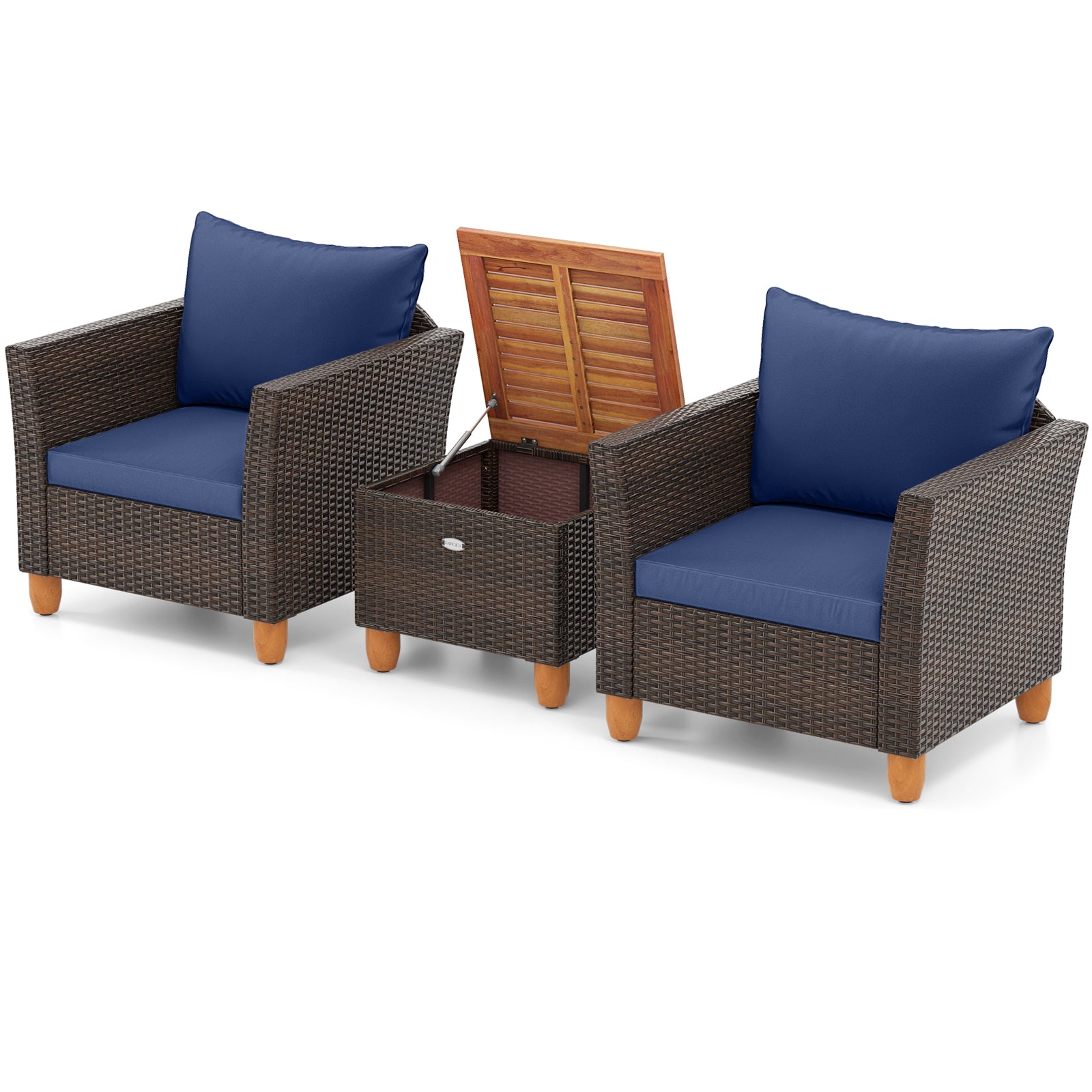 3-Piece Patio PE Wicker Set With Cushions, Acacia Wood Coffee Table, Navy Patio Conversation Sets at Gallery Canada
