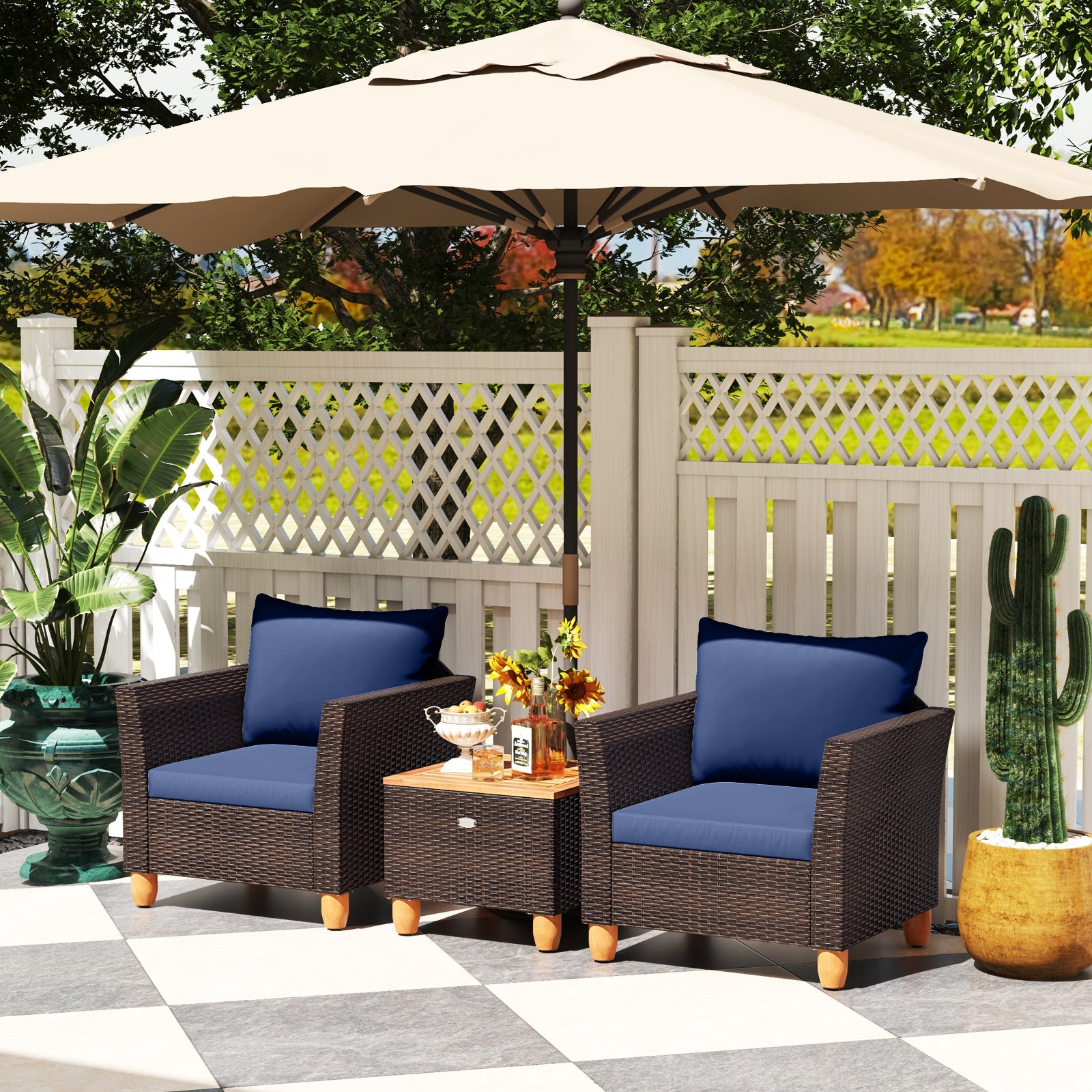 3-Piece Patio PE Wicker Set With Cushions, Acacia Wood Coffee Table, Navy Patio Conversation Sets at Gallery Canada