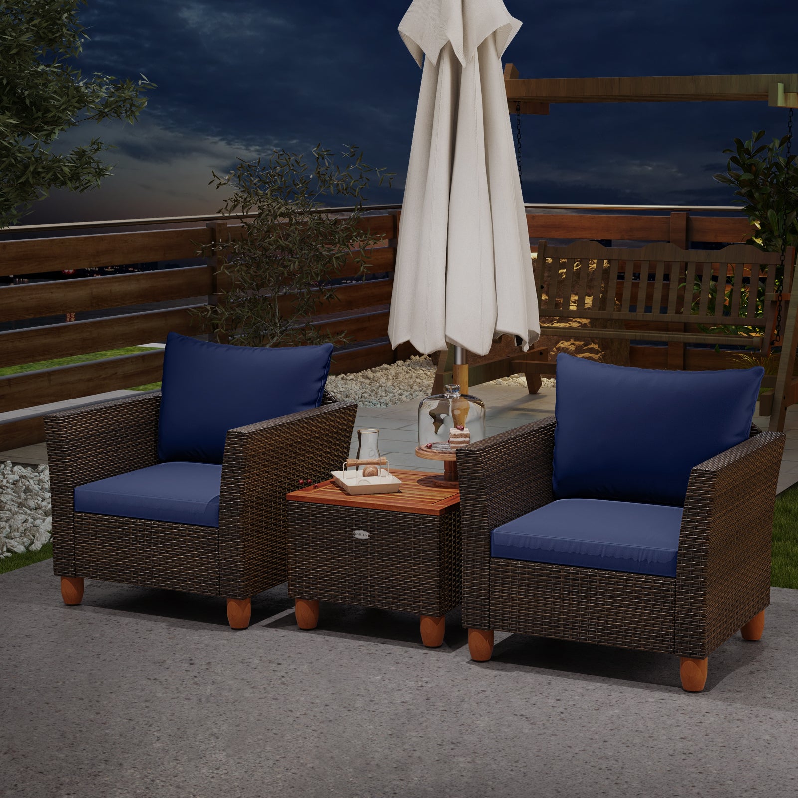3-Piece Patio PE Wicker Set With Cushions, Acacia Wood Coffee Table, Navy Patio Conversation Sets at Gallery Canada