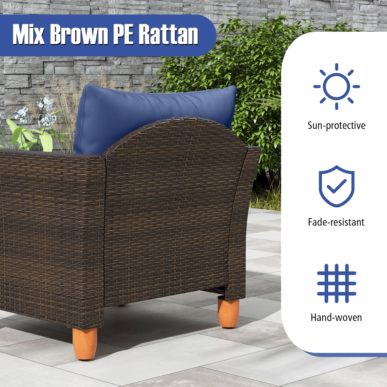 3-Piece Patio PE Wicker Set With Cushions, Acacia Wood Coffee Table, Navy Patio Conversation Sets at Gallery Canada
