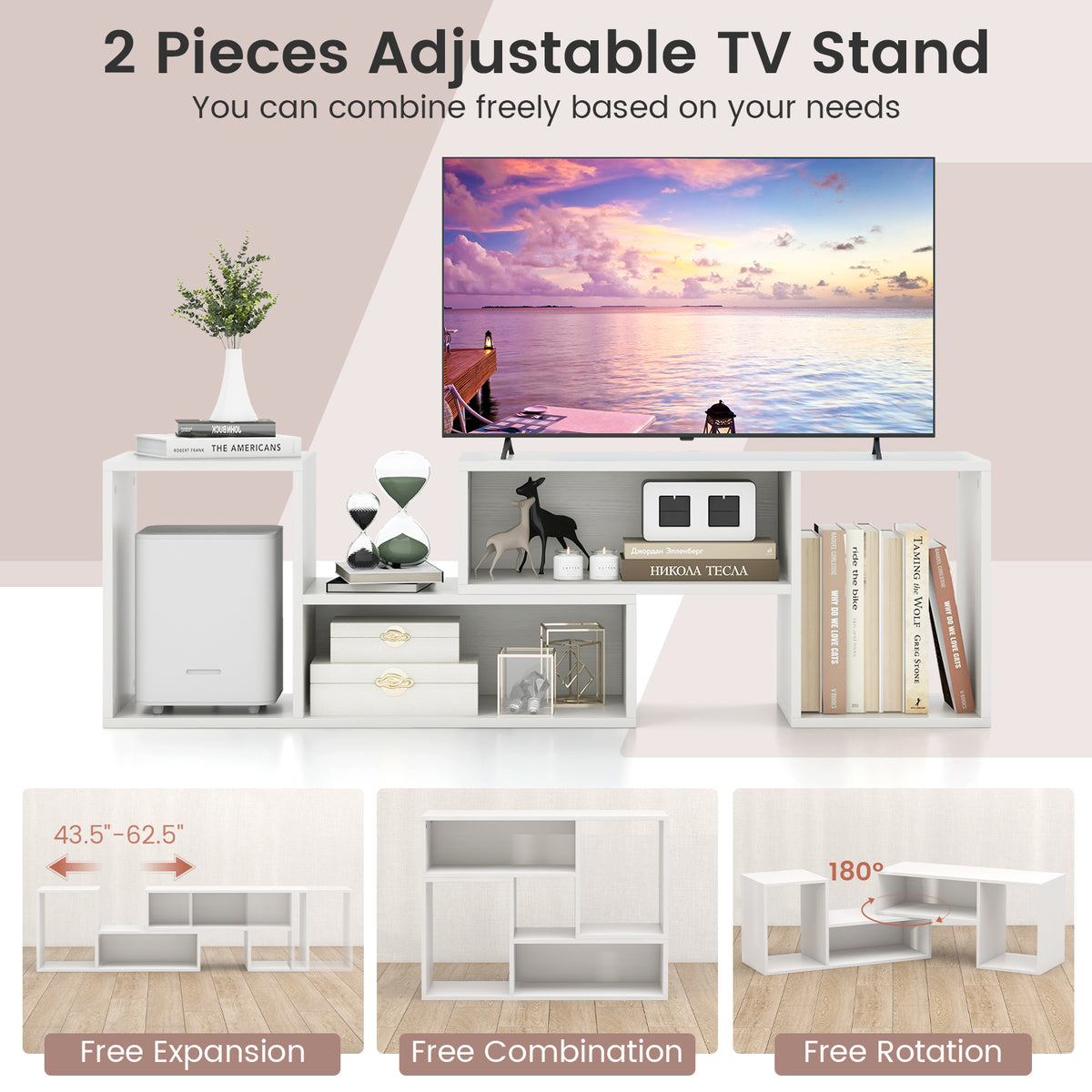 Adjustable TV Stand For 55 Inch TVs, With Storage Cubes, White Entertainment Centers & TV Stands at Gallery Canada