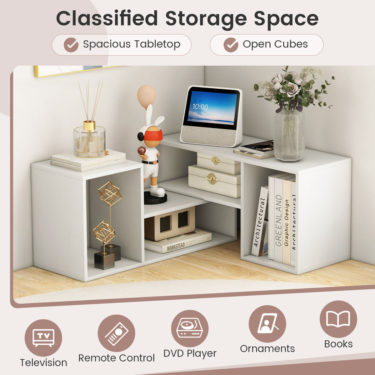 Adjustable TV Stand For 55 Inch TVs, With Storage Cubes, White Entertainment Centers & TV Stands at Gallery Canada
