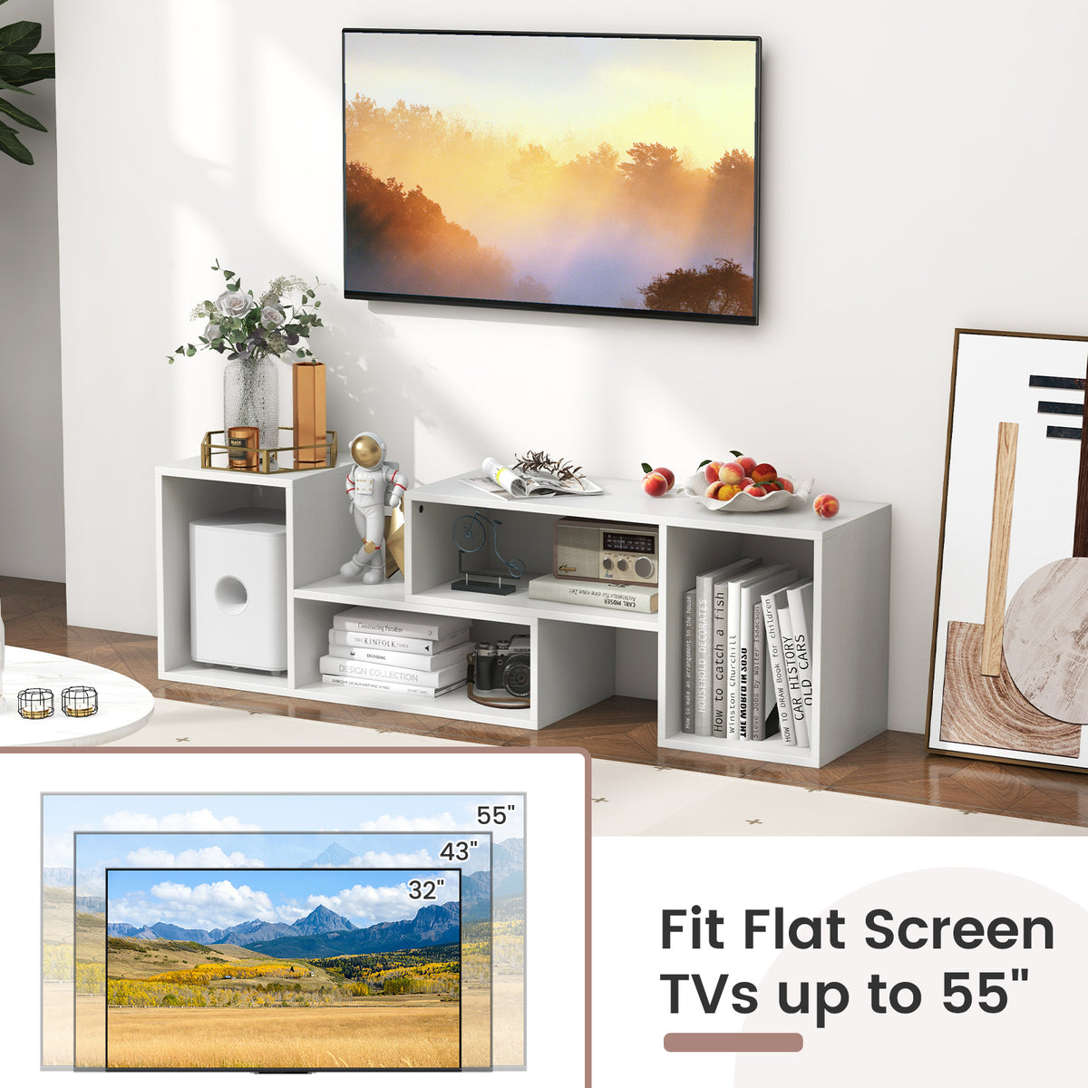 Adjustable TV Stand For 55 Inch TVs, With Storage Cubes, White Entertainment Centers & TV Stands at Gallery Canada