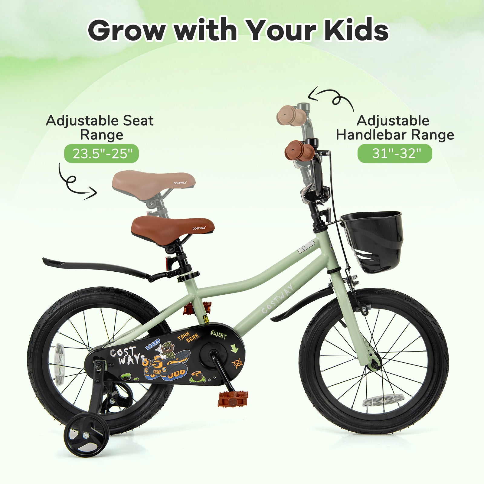 16-Inch Kids Bike, Adjustable With Training Wheels, For 4-7 Years, Green Kids Bike at Gallery Canada