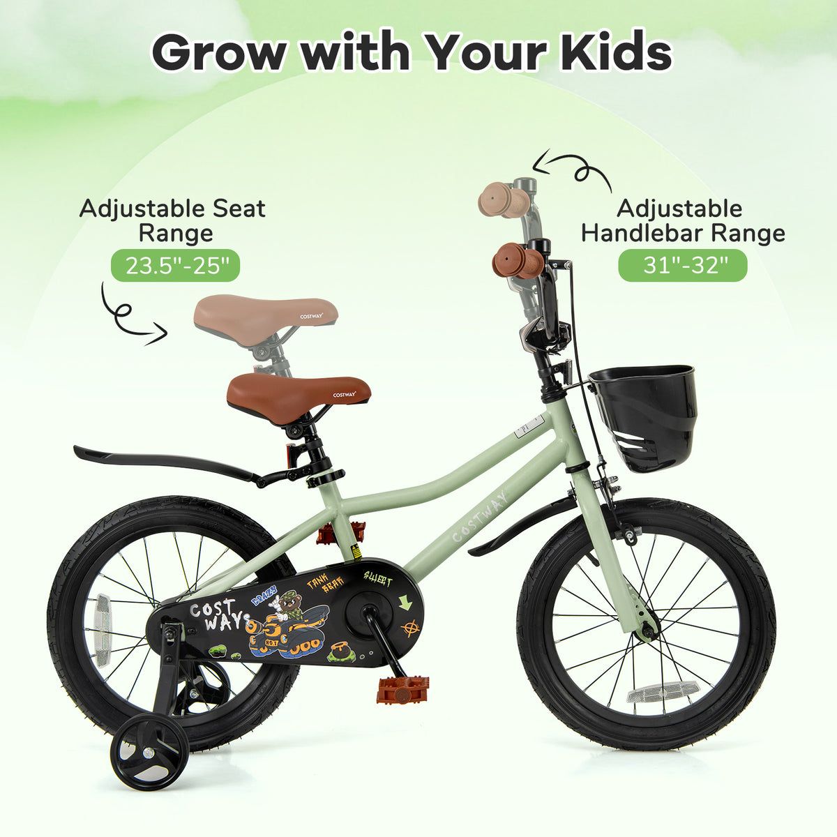 16-Inch Kids Bike, Adjustable With Training Wheels, For 4-7 Years, Green Kids Bike at Gallery Canada