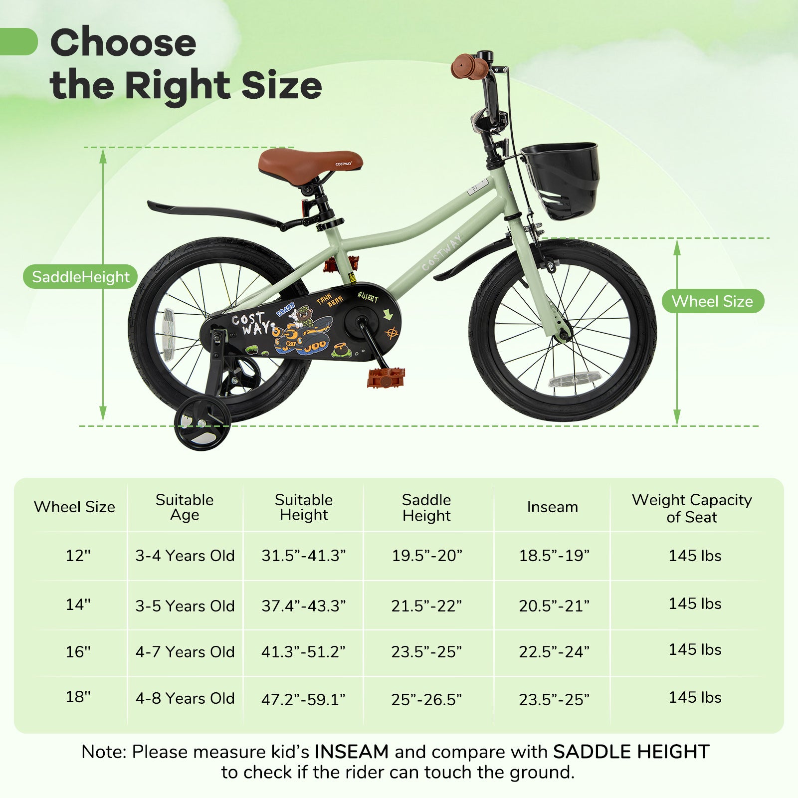 16-Inch Kids Bike, Adjustable With Training Wheels, For 4-7 Years, Green Kids Bike at Gallery Canada