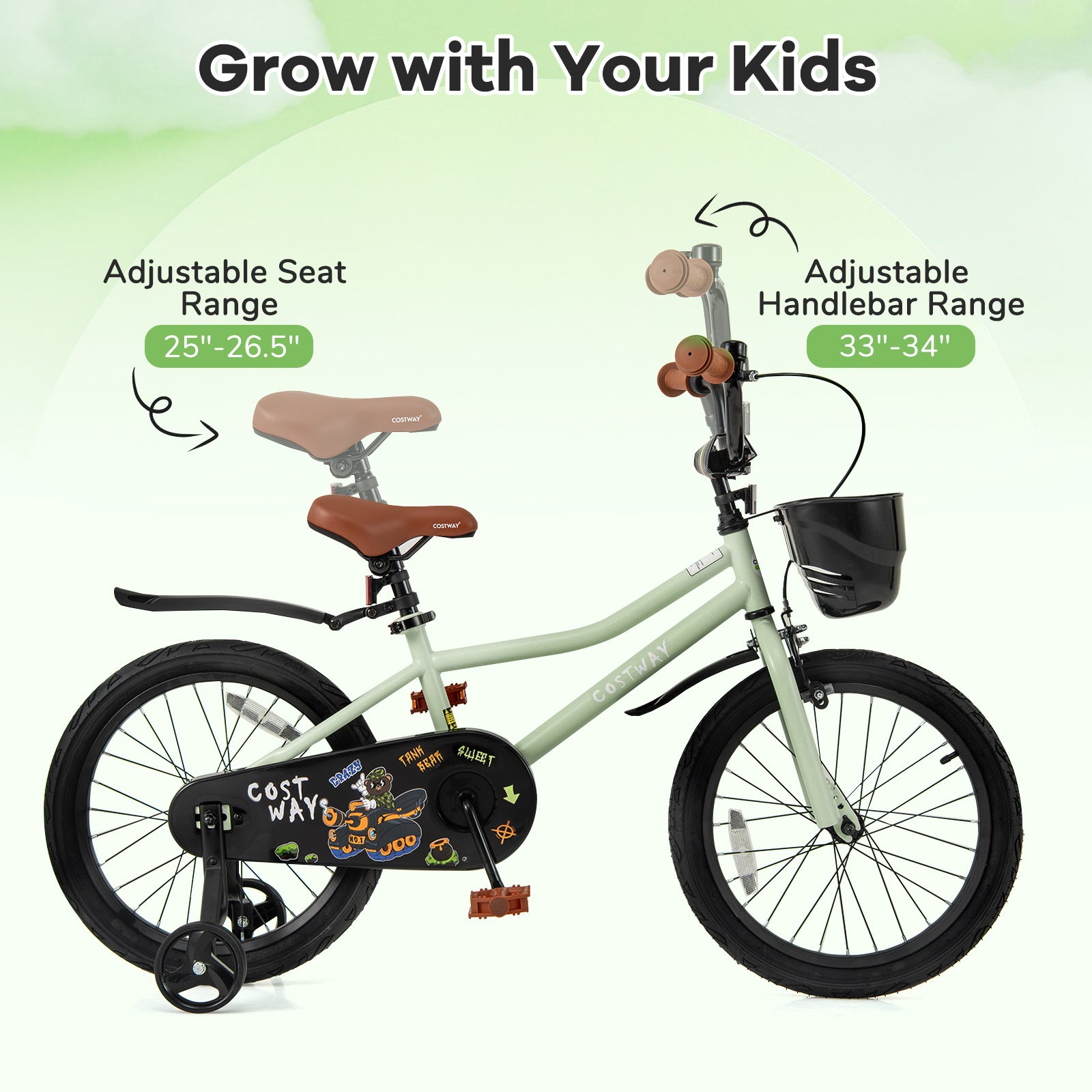 18-Inch Kids Bike, Adjustable With Training Wheels, 4-8 Years Old, Green Kids Bike at Gallery Canada