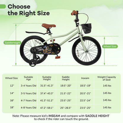 18-Inch Kids Bike, Adjustable With Training Wheels, 4-8 Years Old, Green Kids Bike at Gallery Canada