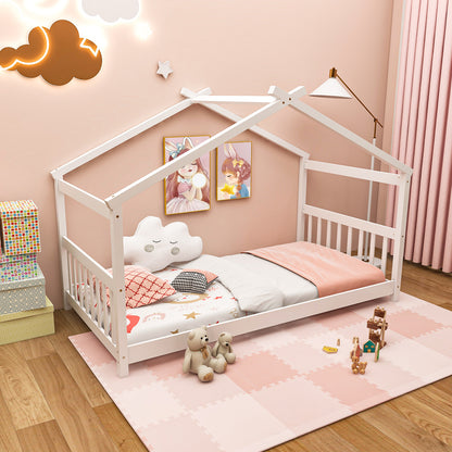 Twin Size Wooden House Bed With Roof, White Simple Bed Frame at Gallery Canada