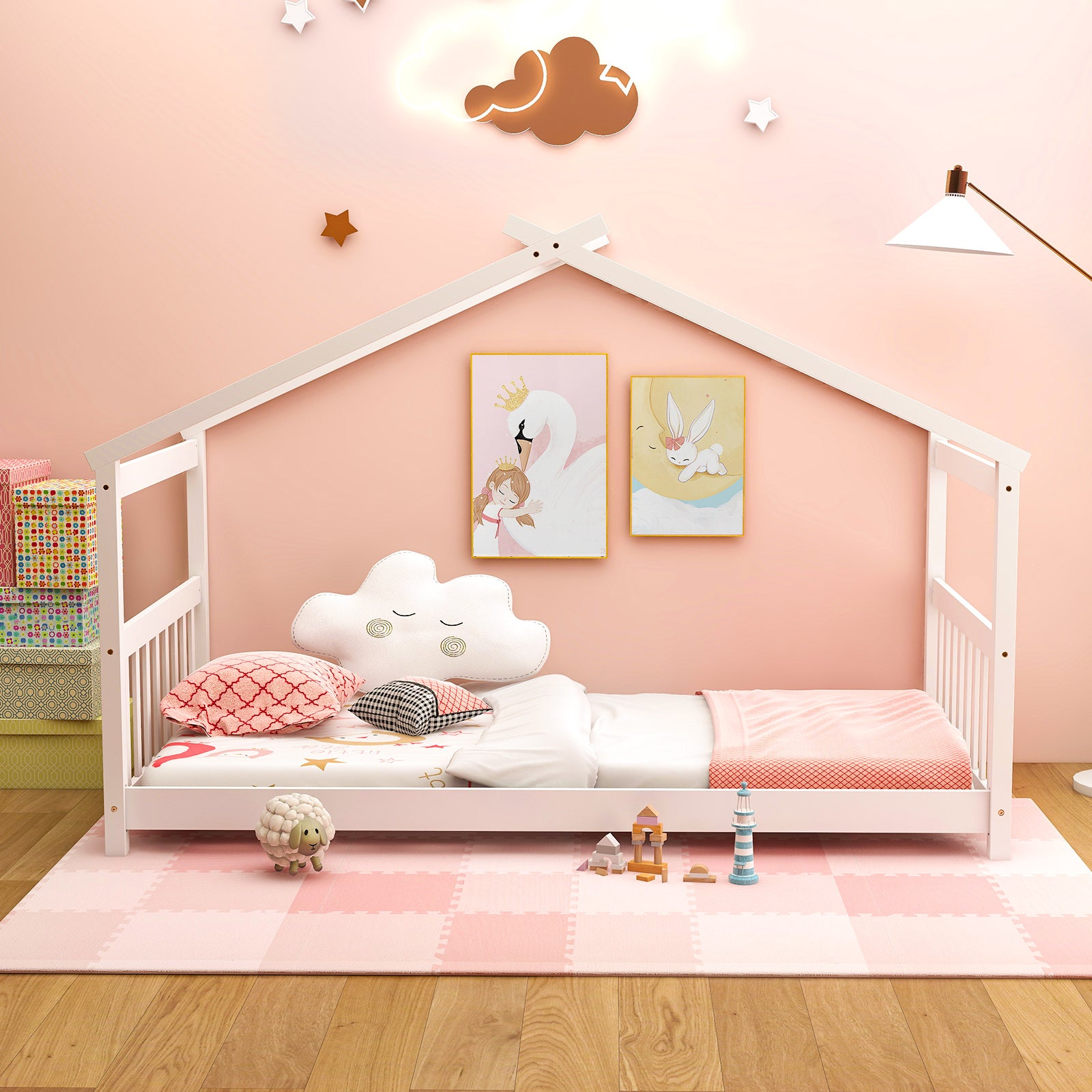 Twin Size Wooden House Bed With Roof, White Simple Bed Frame at Gallery Canada