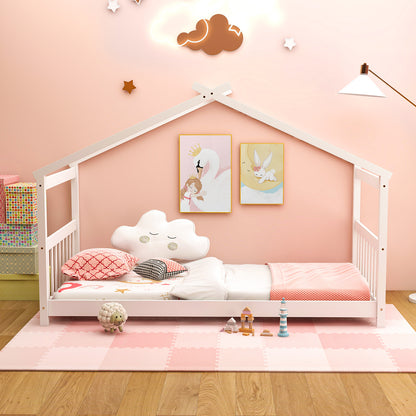 Twin Size Wooden House Bed With Roof, White Simple Bed Frame at Gallery Canada