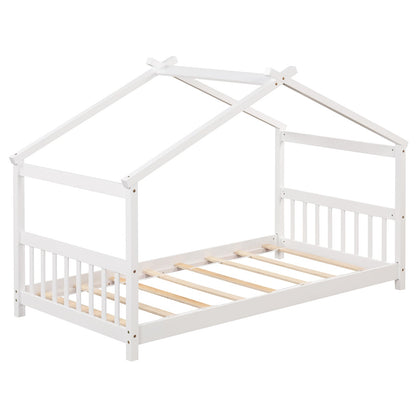 Twin Size Wooden House Bed With Roof, White Simple Bed Frame White at Gallery Canada