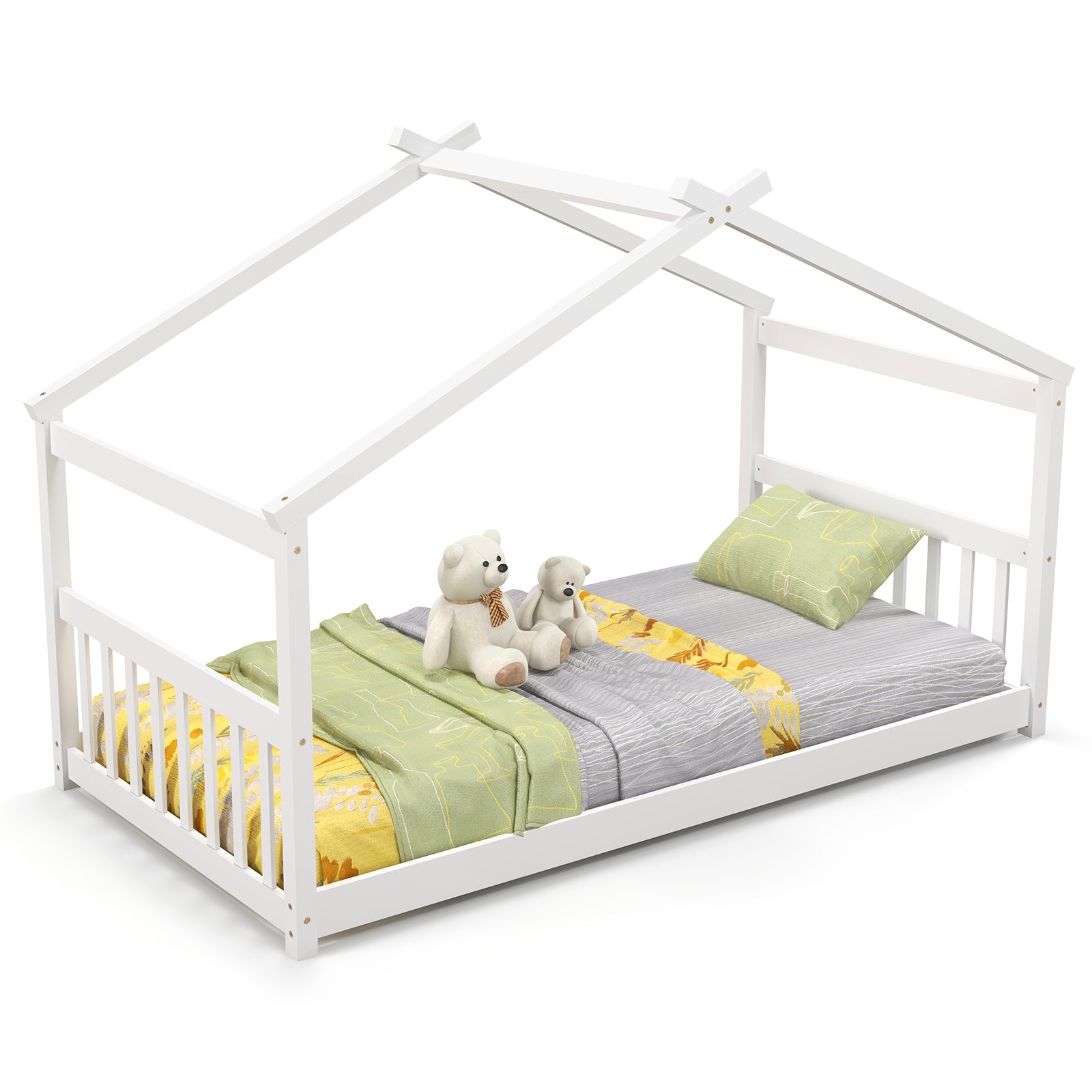 Twin Size Wooden House Bed With Roof, White Simple Bed Frame at Gallery Canada