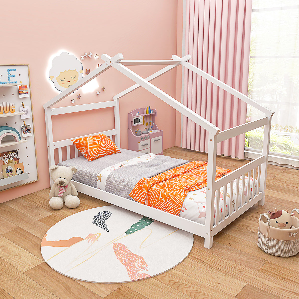 Twin Size Wooden House Bed With Roof, White Simple Bed Frame at Gallery Canada