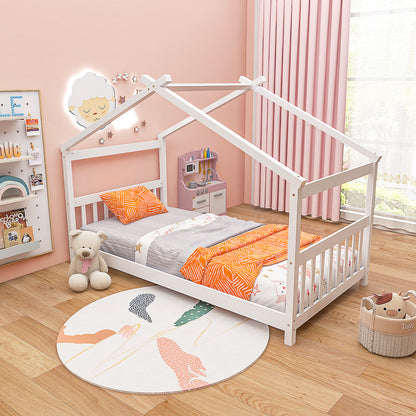 Twin Size Wooden House Bed With Roof, White Simple Bed Frame at Gallery Canada