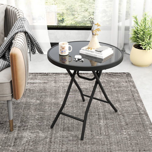 18 Inch Folding Side Table, Patio Round Compact Coffee Table, Black