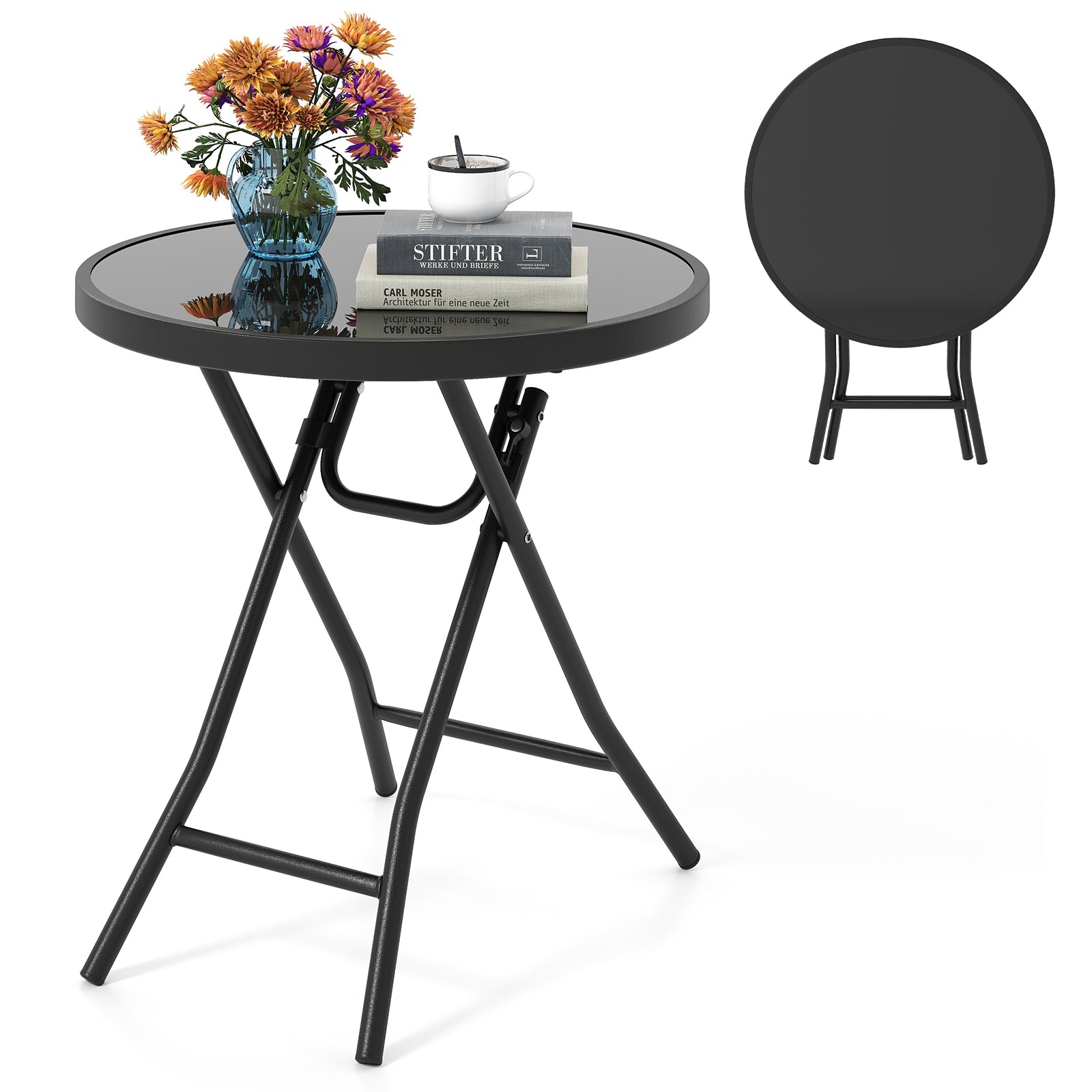 18 Inch Folding Side Table, Patio Round Compact Coffee Table, Black End & Side Tables at Gallery Canada