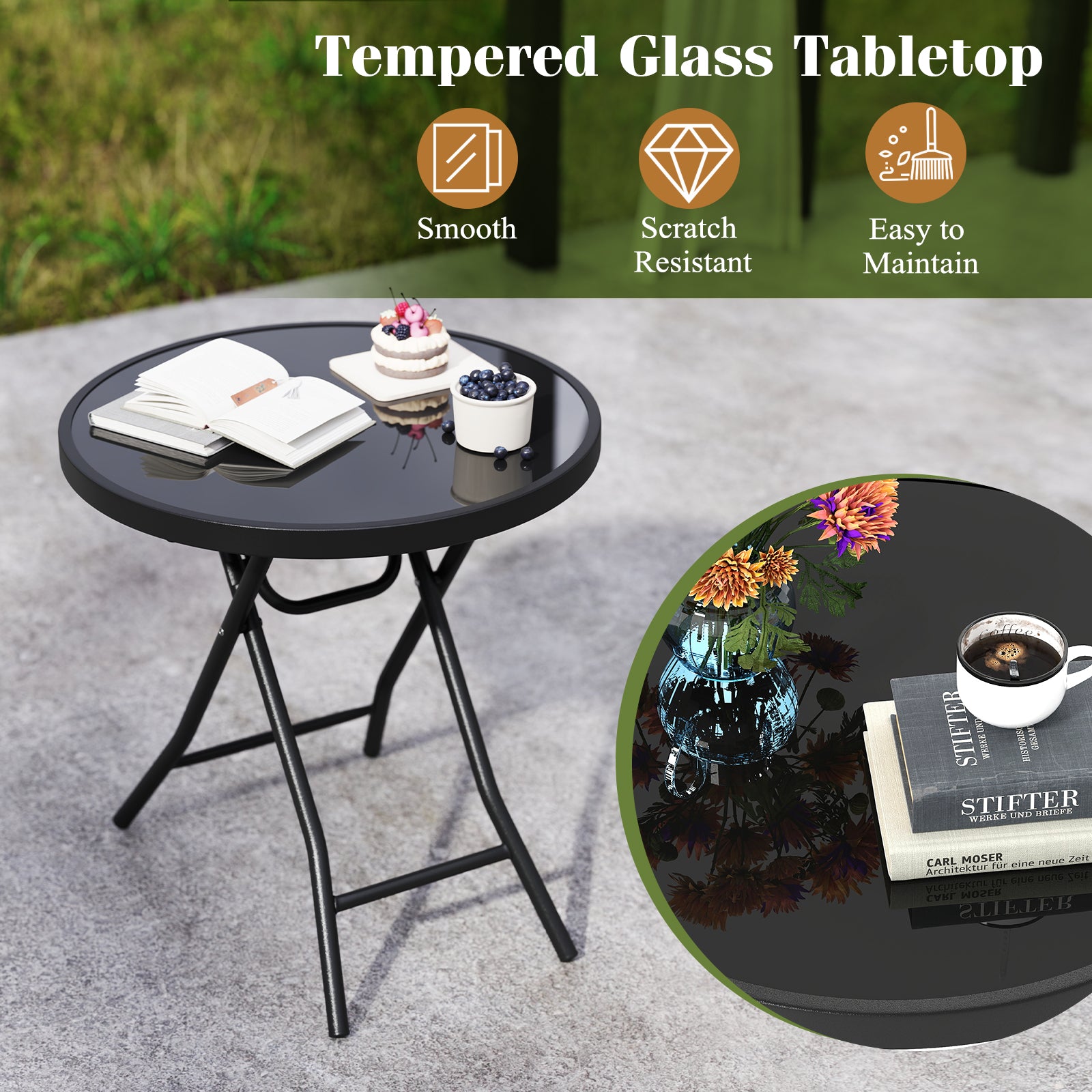 18 Inch Folding Side Table, Patio Round Compact Coffee Table, Black End & Side Tables at Gallery Canada