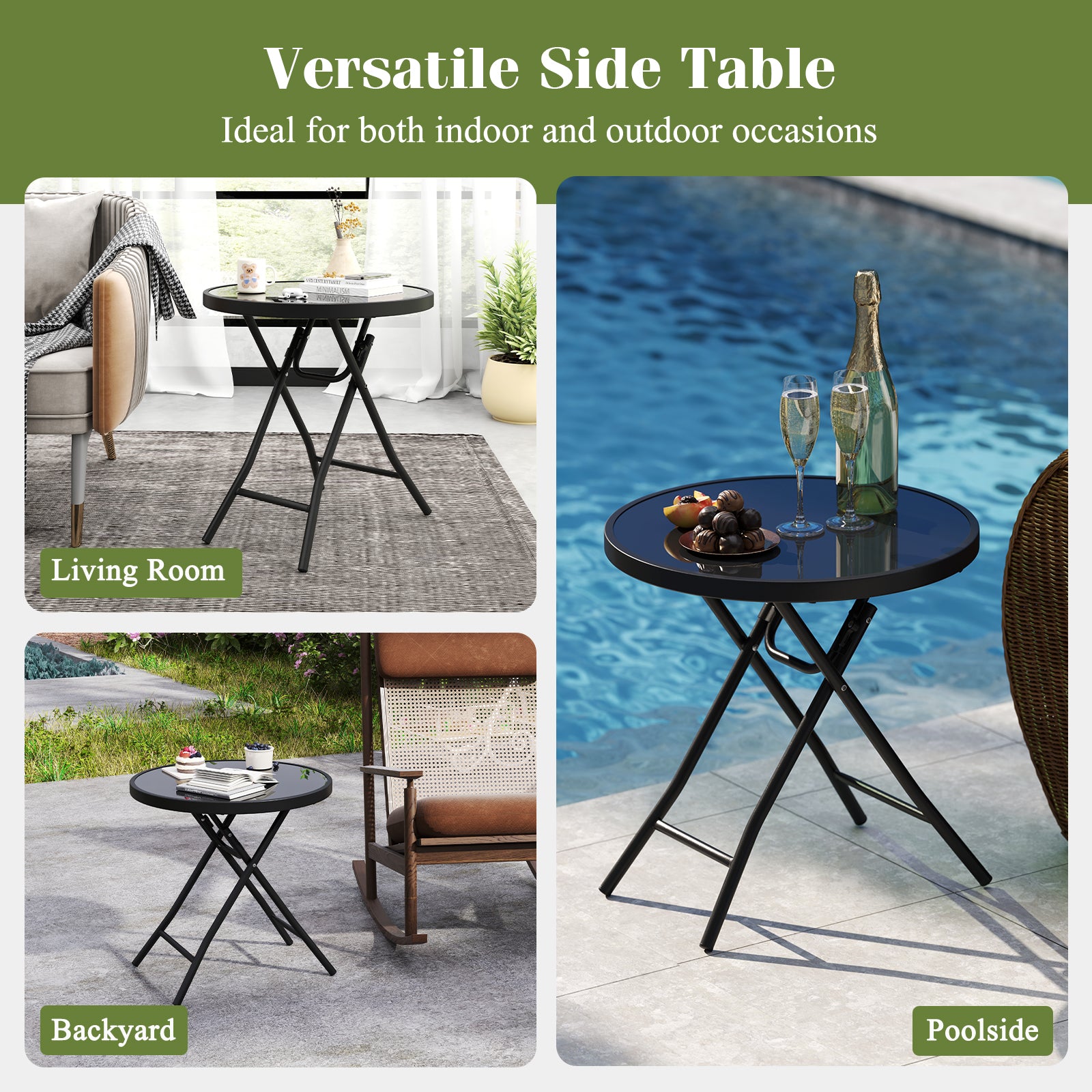 18 Inch Folding Side Table, Patio Round Compact Coffee Table, Black End & Side Tables at Gallery Canada