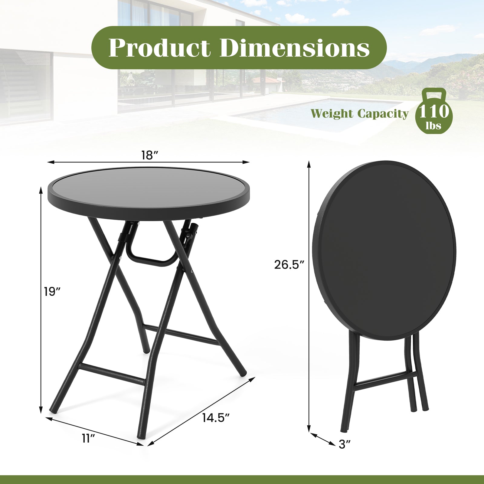18 Inch Folding Side Table, Patio Round Compact Coffee Table, Black End & Side Tables at Gallery Canada