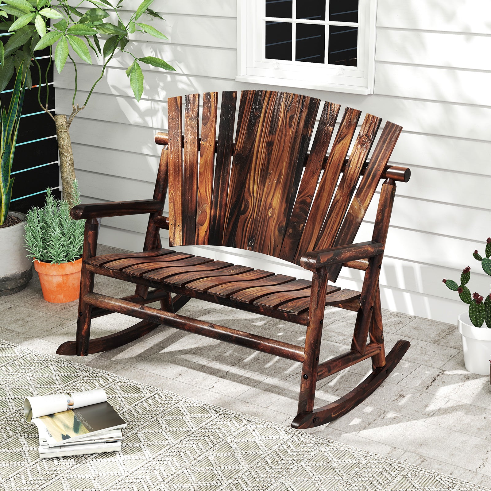 Outdoor Adirondack Rocking Chair, High Back Slatted Seat, Brown Adirondack Chairs at Gallery Canada
