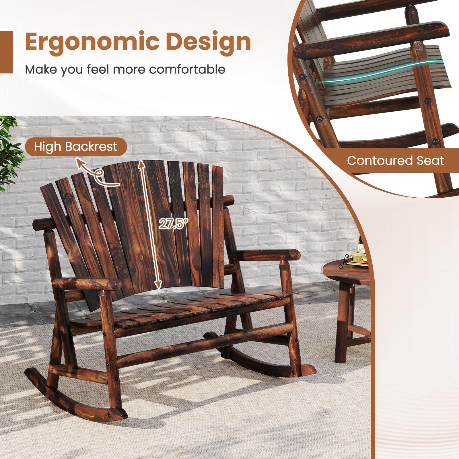 Outdoor Adirondack Rocking Chair, High Back Slatted Seat, Brown Adirondack Chairs at Gallery Canada