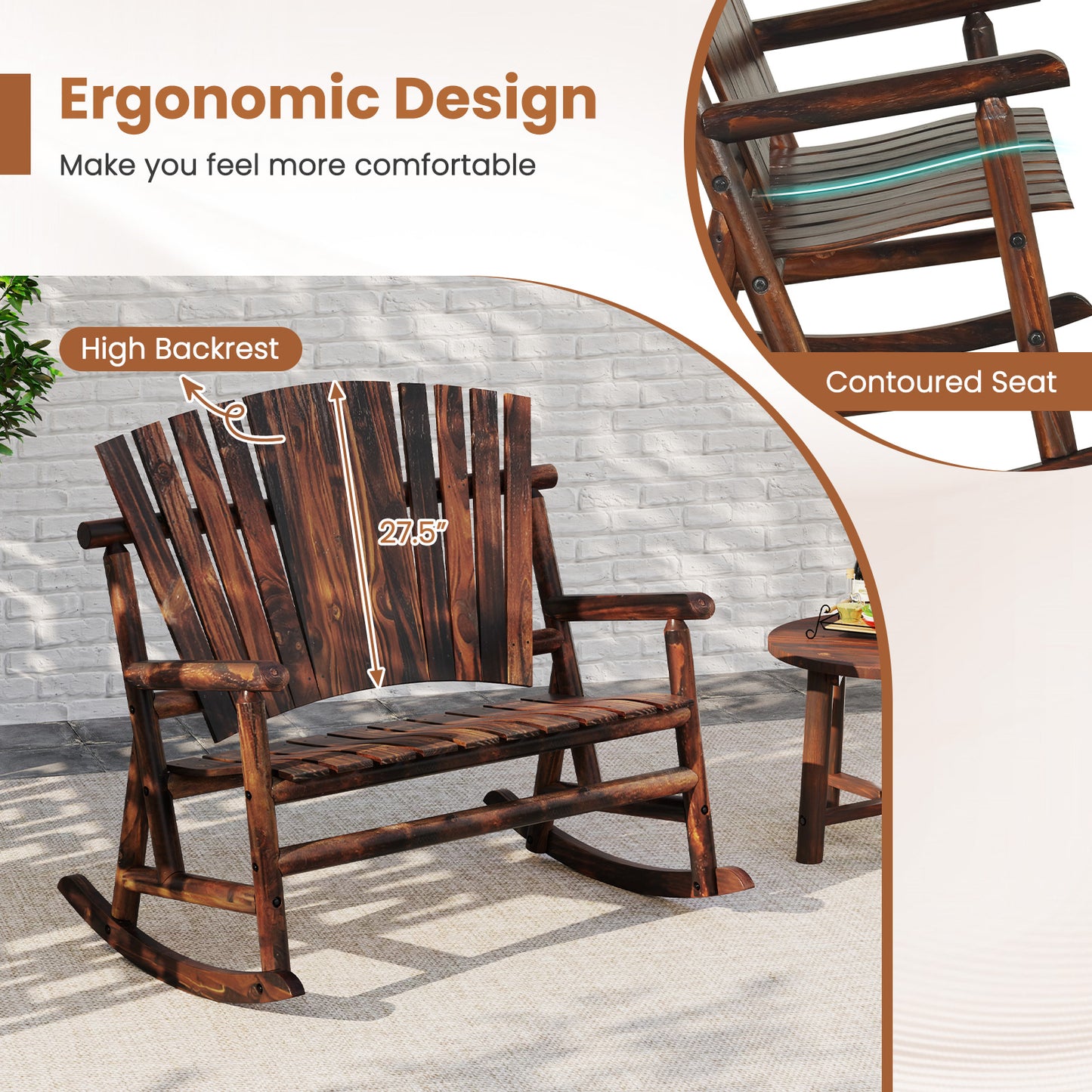 Outdoor Adirondack Rocking Chair, High Back Slatted Seat, Brown Adirondack Chairs at Gallery Canada